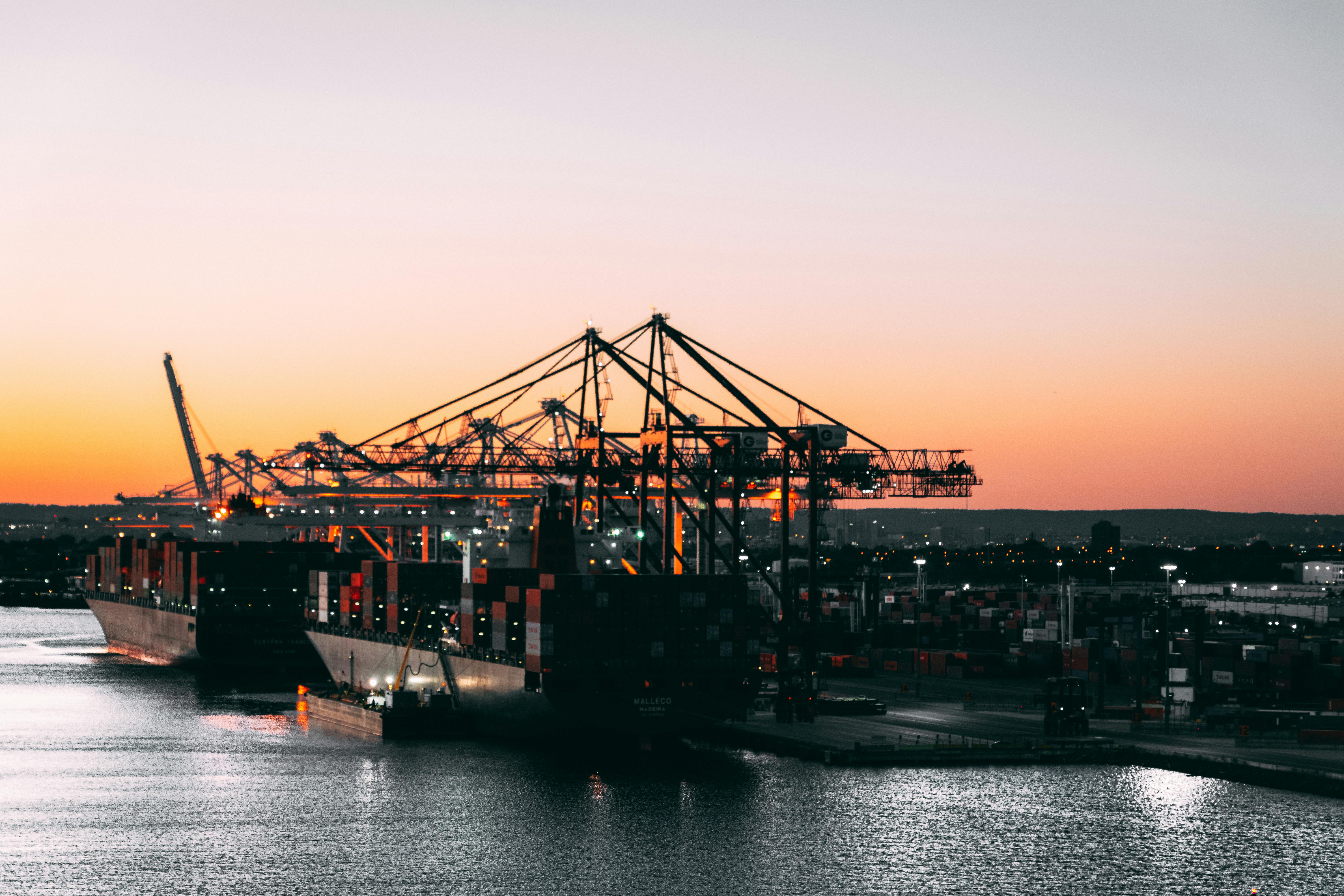 Shipping port at sunset
